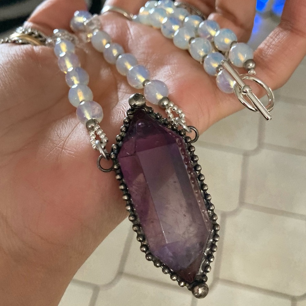 Amethyst , Herkimer diamonds crystal quartz & blue opalite beads boho necklace - Picture 15 of 16